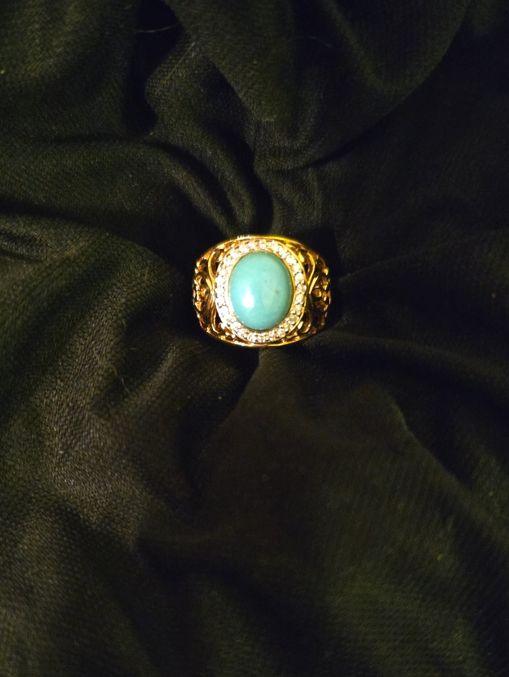 Vintage Style Gold Vermeil Turquoise Filigree Halo Statement Ring 925 7